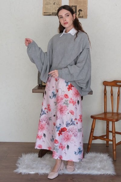 Pembe Çiçek Pamuk Saten Kloş Etek