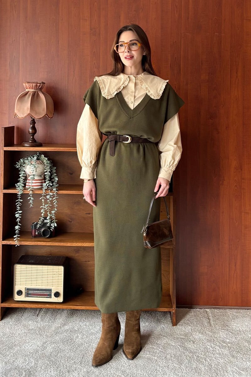 Haki Triko V Yaka Jile & Krem Fırfır Yaka Crop Gömlek Takım