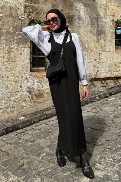 Siyah Kolu Bağlamalı Jile & Beyaz Klasik Yaka Crop Gömlek Takım