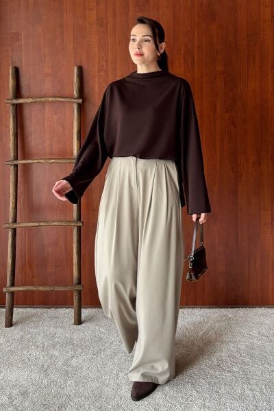 Acı Kahve Oysho Dik Yaka Bluz & Vizon Pile Detay Palazzo Pantolon