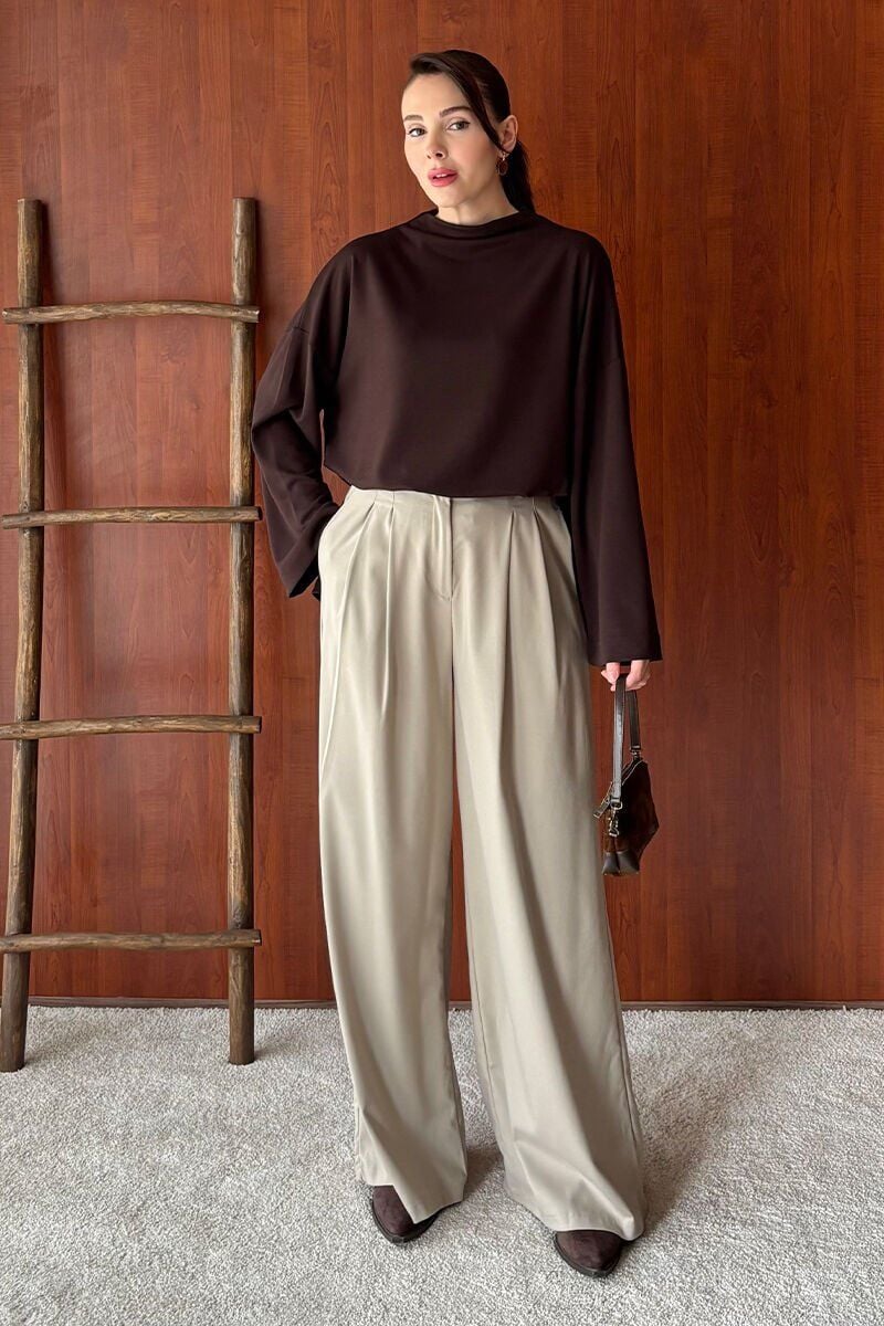 Acı Kahve Oysho Dik Yaka Bluz & Vizon Pile Detay Palazzo Pantolon