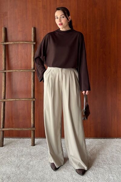 Acı Kahve Oysho Dik Yaka Bluz & Vizon Pile Detay Palazzo Pantolon