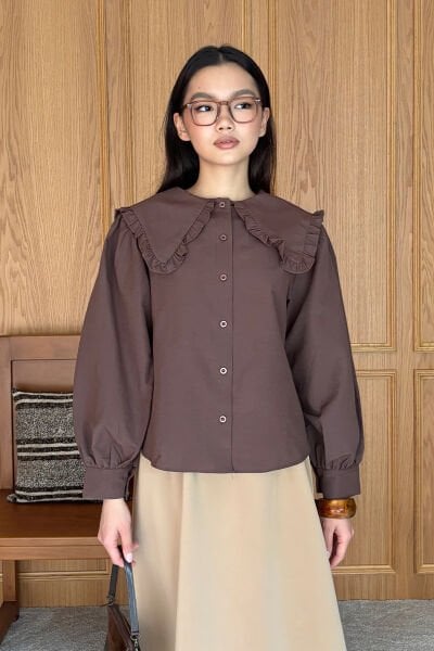 Acı Kahve Yakası Fırfırlı Crop Gömlek