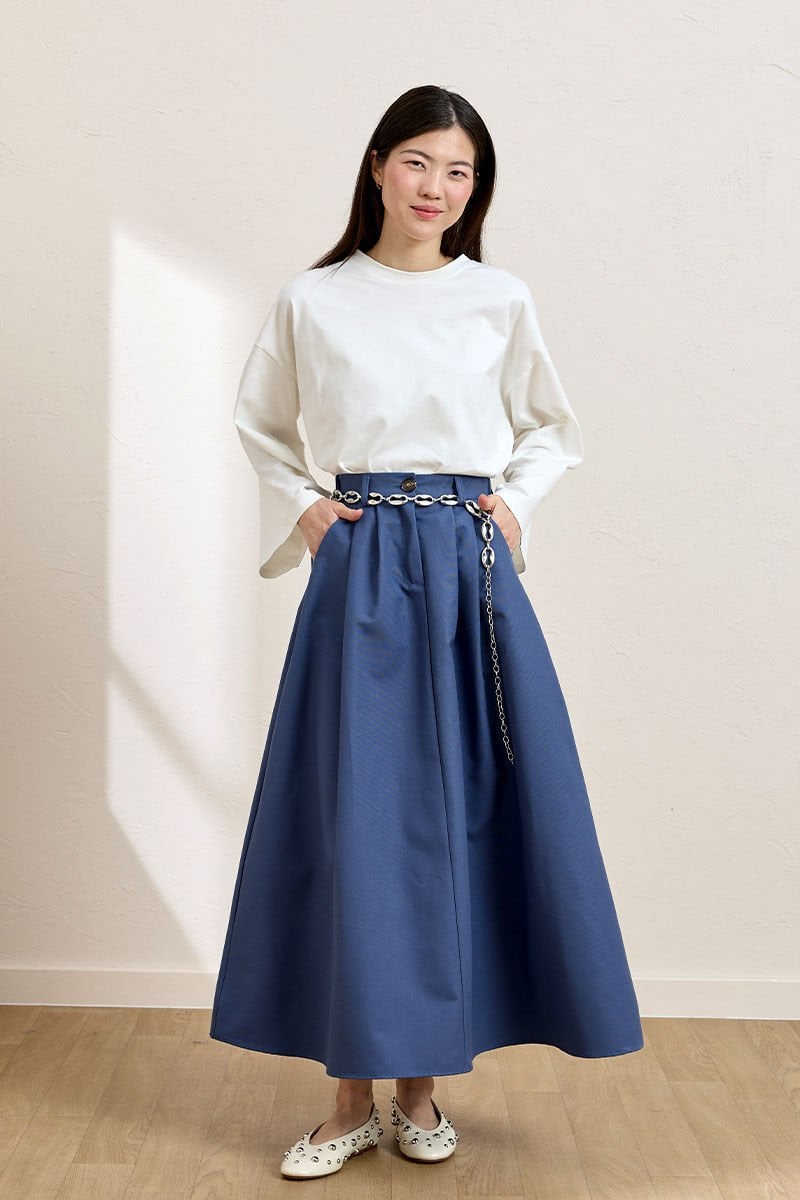 İndigo keten Tek Düğmeli Etek & Ekru Body Takım