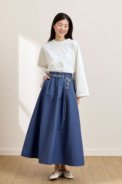 İndigo keten Tek Düğmeli Etek & Ekru Body Takım