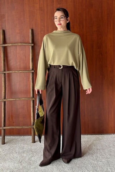 Çağla Oysho Dik Yaka Bluz & Acı Kahve Pile Detay Palazzo Pantolon