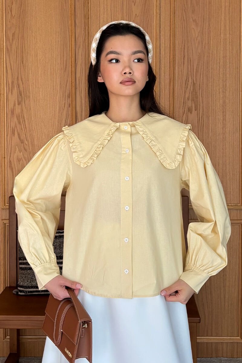 Tereyağ Sarısı Yakası Fırfırlı Crop Gömlek