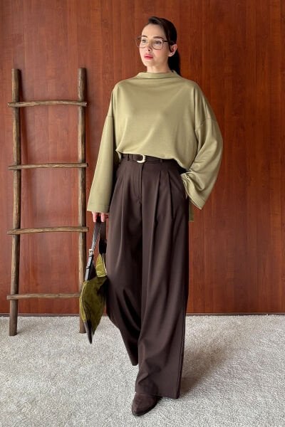 Çağla Oysho Dik Yaka Bluz & Acı Kahve Pile Detay Palazzo Pantolon