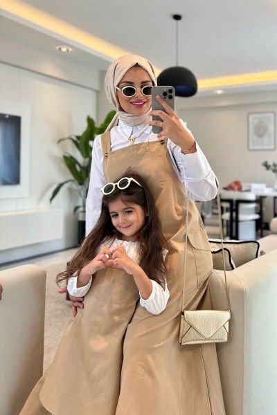 Anne - Çocuk Sütlü Kahve Duck Keten Etekli Salopet Takım