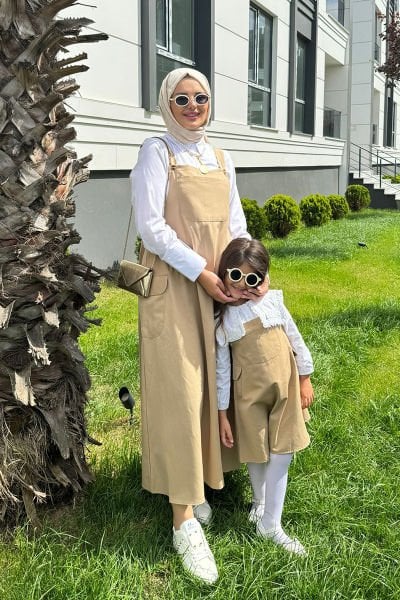 Anne - Çocuk Sütlü Kahve Duck Keten Etekli Salopet Takım