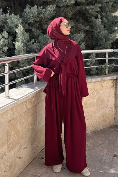 Bordo Oysho Bağlamalı Pantolon Takım