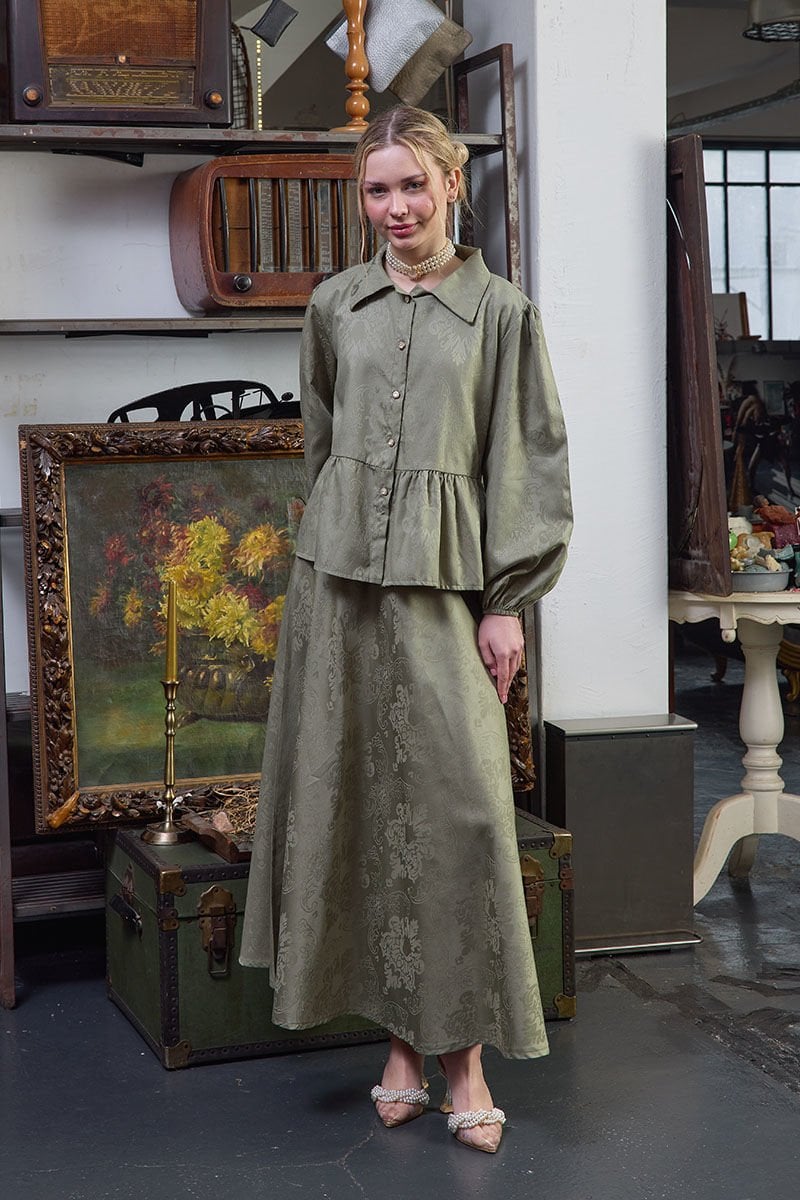 Çağla Yeşili Jakarlı Gömlek Etek Takım