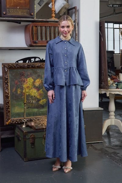 İndigo Jakarlı Gömlek Etek Takım