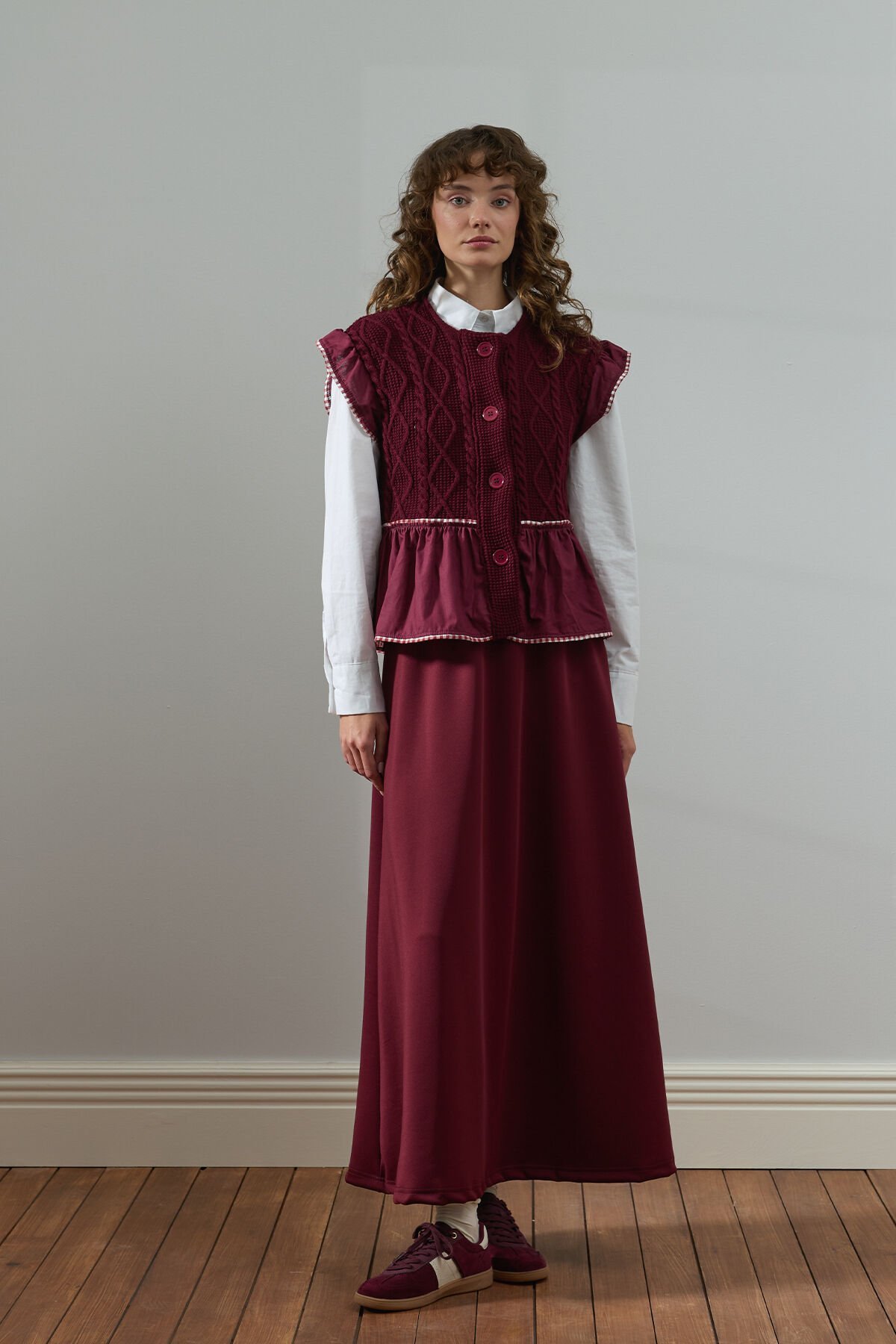 Bordo Fırfırlı Triko Yelek & Bordo Scuba Etek Takım