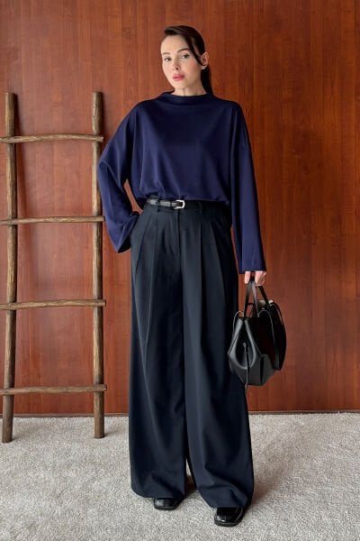 Lacivert Oysho Dik Yaka Bluz & Siyah Pile Detay Palazzo Pantolon