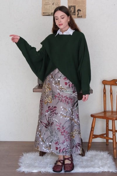 Gri Desenli Pamuk Saten Kloş Etek