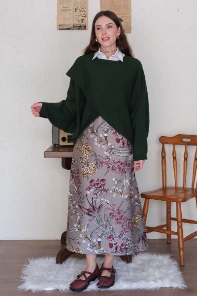 Gri Desenli Pamuk Saten Kloş Etek