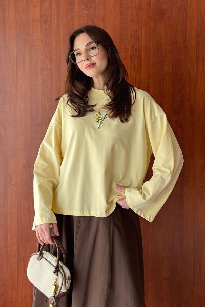 Tereyağ Sarısı Nakışlı Body