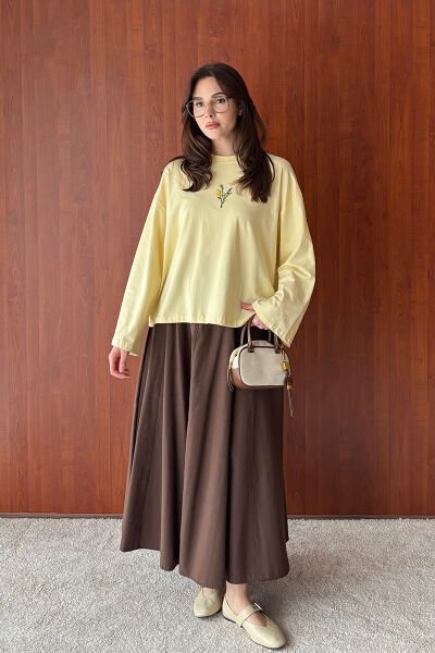 Tereyağ Sarısı Nakışlı Body