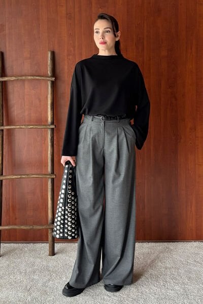 Siyah Oysho Dik Yaka Bluz & Antrasit Pile Detay Palazzo Pantolon