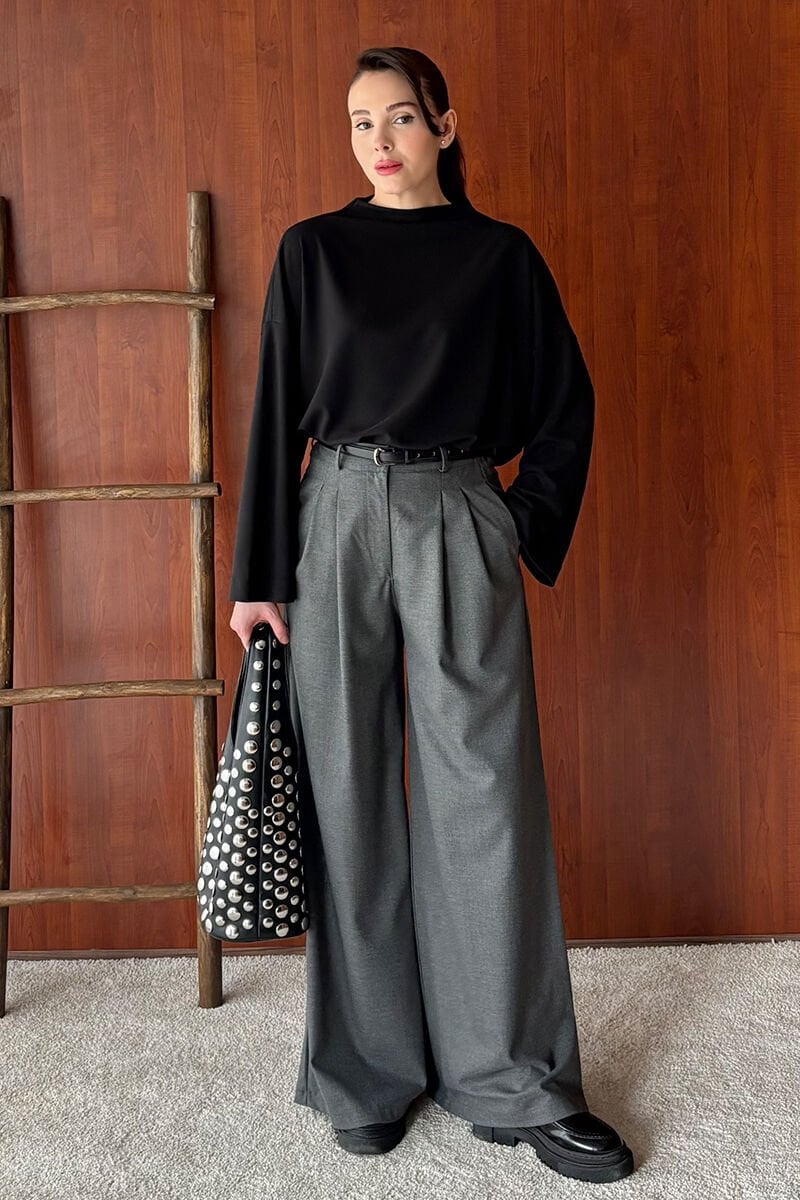 Siyah Oysho Dik Yaka Bluz & Antrasit Pile Detay Palazzo Pantolon