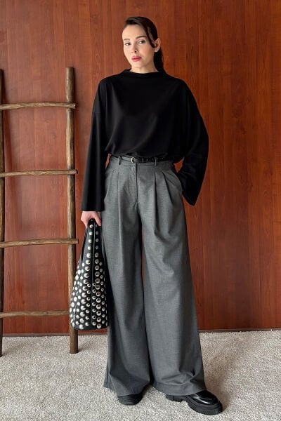 Siyah Oysho Dik Yaka Bluz & Antrasit Pile Detay Palazzo Pantolon
