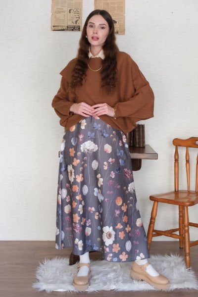 Gri Papatya Pamuk Saten Kloş Etek