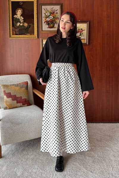 Beyaz Siyah Puantiyeli Keten Kloş Etek