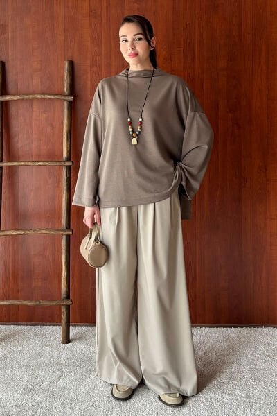 Vizon Oysho Dik Yaka Bluz & Vizon Pile Detay Palazzo Pantolon