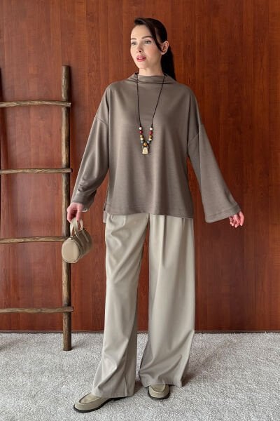 Vizon Oysho Dik Yaka Bluz & Vizon Pile Detay Palazzo Pantolon