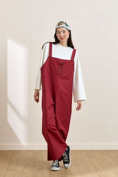 Bordo Keten Salopet Tulum & Ekru Body Takım