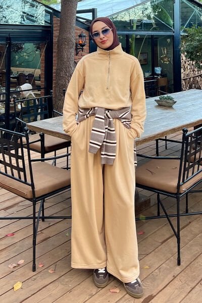 Bej 3 İplik Yarım Fermuarlı Eşofman Takım