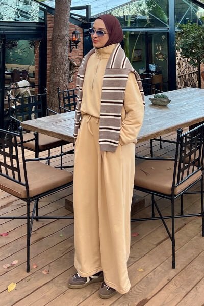 Bej 3 İplik Yarım Fermuarlı Eşofman Takım