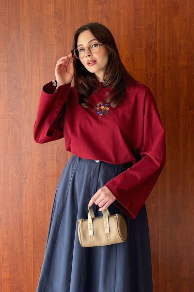 Bordo Nakışlı Body