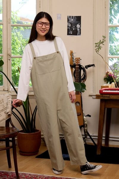 Küf Yeşili Keten Salopet Tulum & Ekru Body