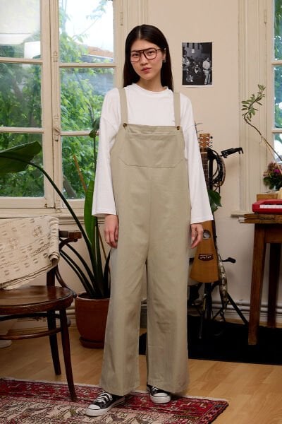 Küf Yeşili Keten Salopet Tulum & Ekru Body Takım