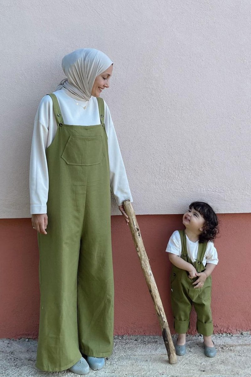 Anne - Çocuk Yağ Yeşili Duck Keten Salopet Tulum