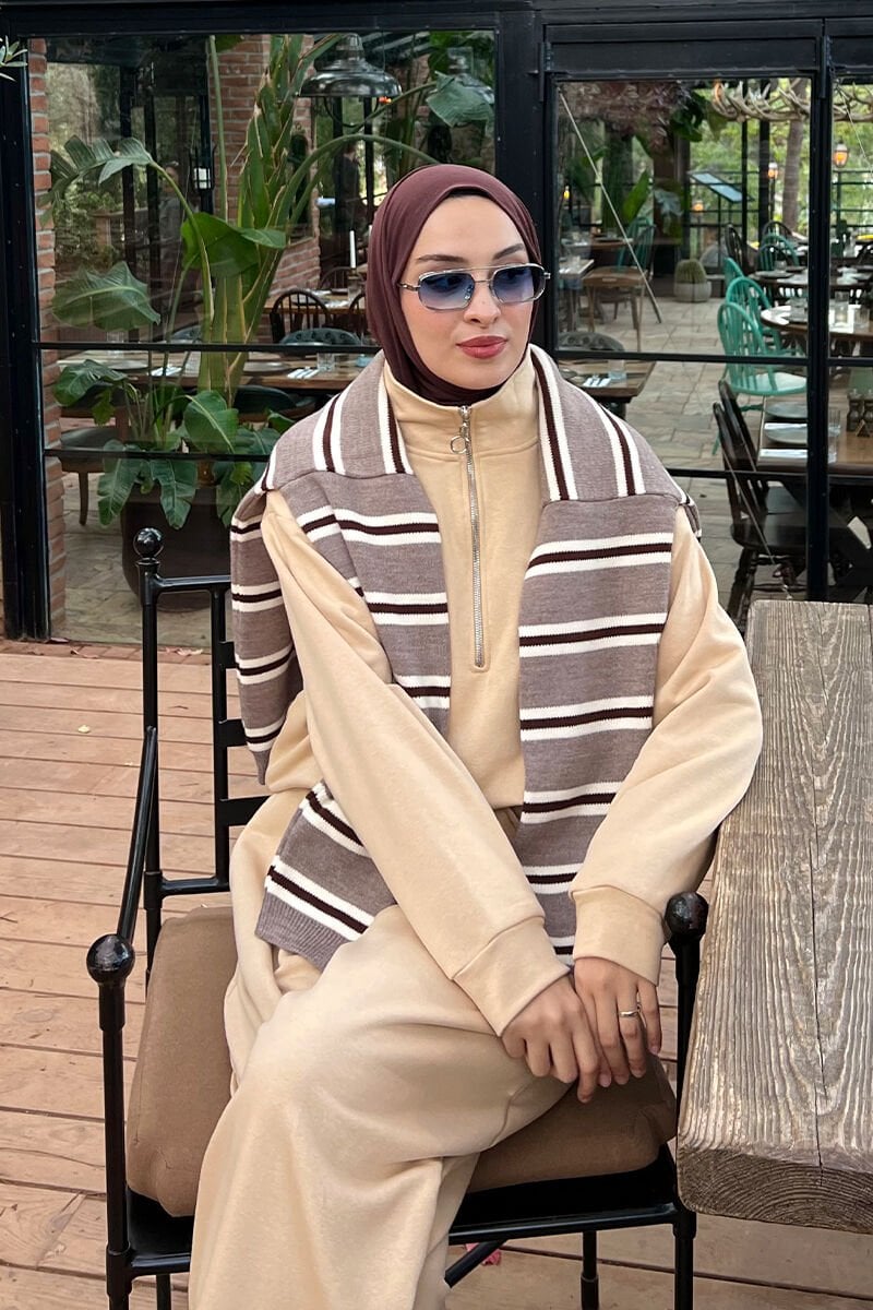 Bej 3 İplik Yarım Fermuarlı Sweat