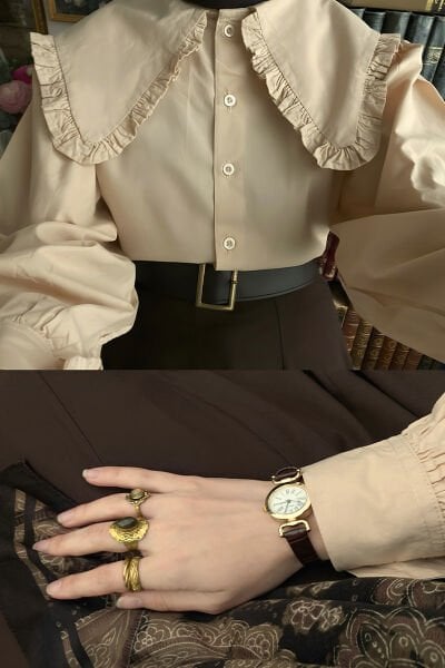 Krem Yakası Fırfırlı Crop Gömlek