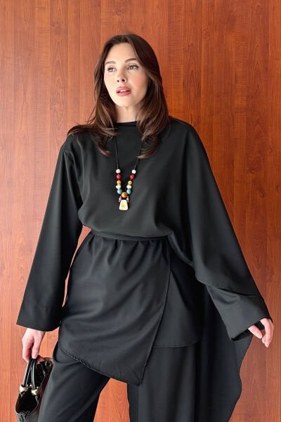 Siyah Poliviskon Bağlamalı Tunik & Double Paça Pantolon Takım