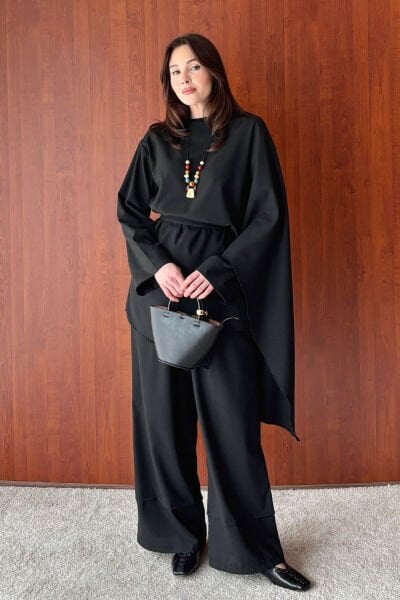 Siyah Poliviskon Bağlamalı Tunik & Double Paça Pantolon Takım