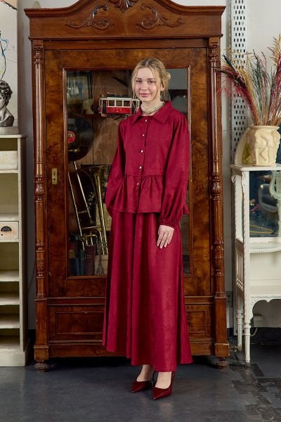 Bordo Jakarlı Gömlek Etek Takım