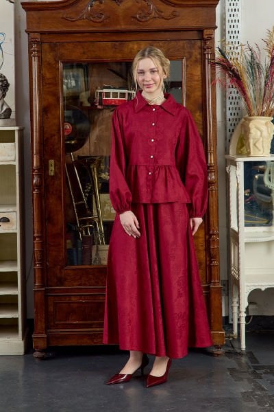 Bordo Jakarlı Gömlek Etek Takım