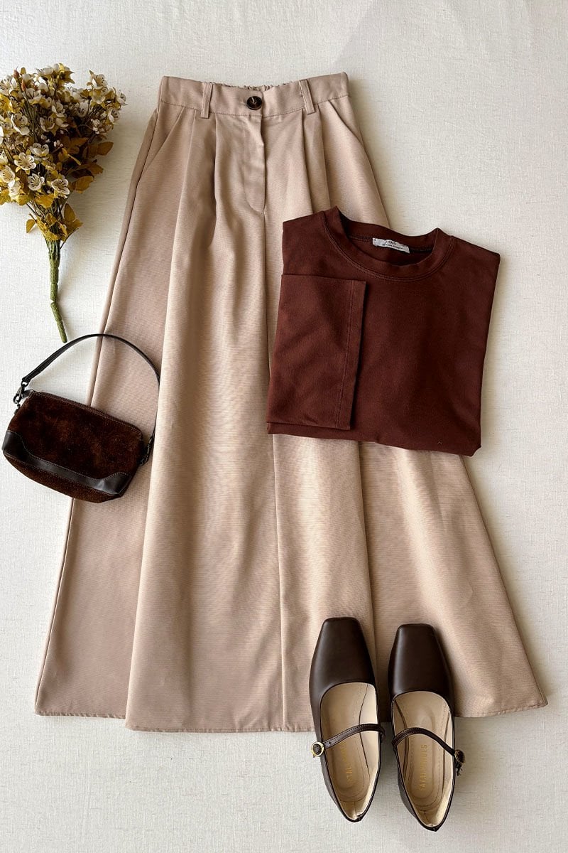 Pastel Krem keten Tek Düğmeli Etek & Acı Kahve Body Takım