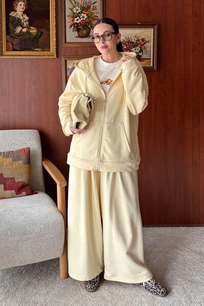 Terayağ Sarısı 3 İplik Uzun Fermuarlı Eşofman Takım