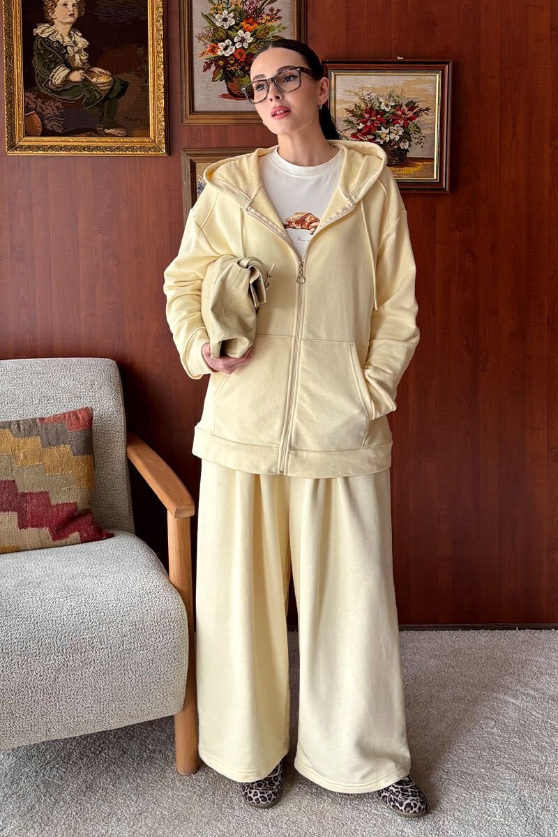 Terayağ Sarısı 3 İplik Uzun Fermuarlı Eşofman Takım