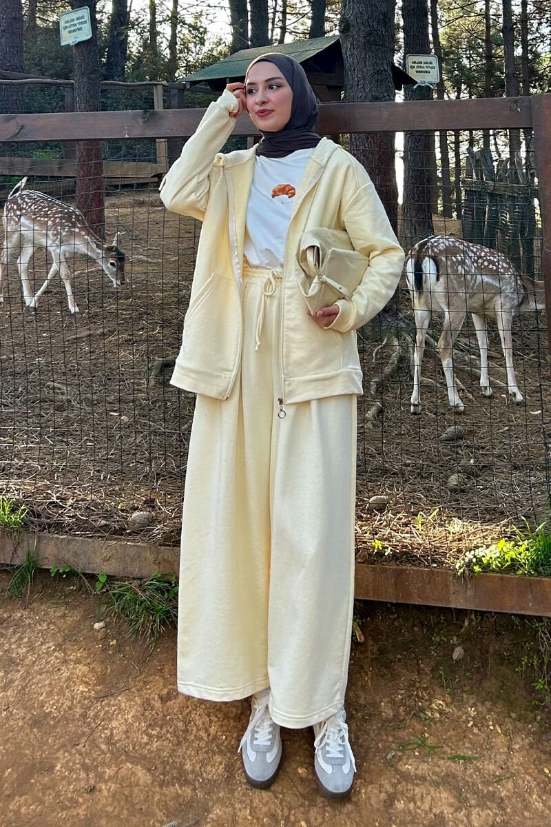 Terayağ Sarısı 3 İplik Uzun Fermuarlı Eşofman Takım