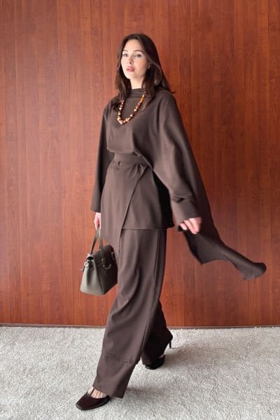 Acı Kahve Poliviskon Bağlamalı Tunik & Double Paça Pantolon Takım