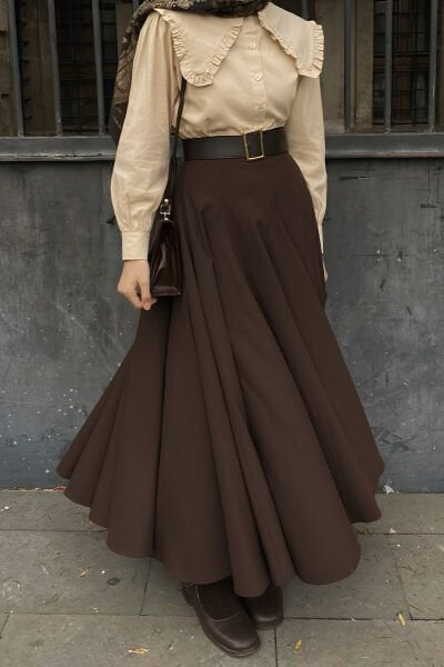 Krem Yakası Fırfırlı Crop Gömlek & Acı Kahve Koton Parçalı Etek Takım