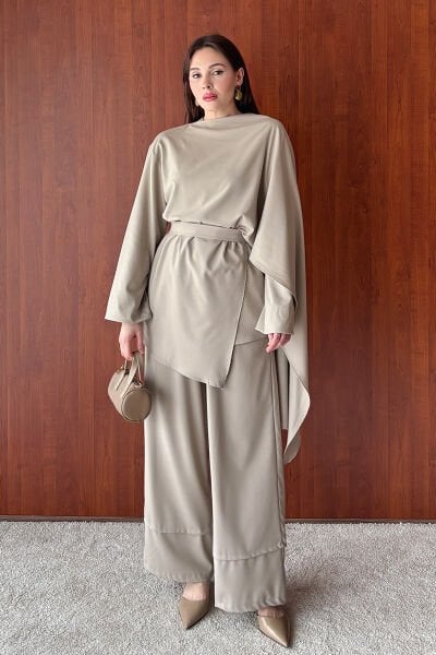 Vizon Poliviskon Bağlamalı Tunik & Double Paça Pantolon Takım